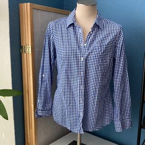Fleur Bleue gingham shirt, size L, blue and white
